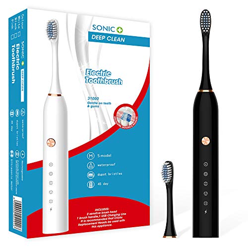 Electric toothbrushes for adults Clearance , Sonic Power Rechargeable Battery with 2 Brush Heads for Adults Kids, 5 Modes with 2 Minutes Smart Timer,USB Fast Charge, One for 45 Days, Waterproof ,Black