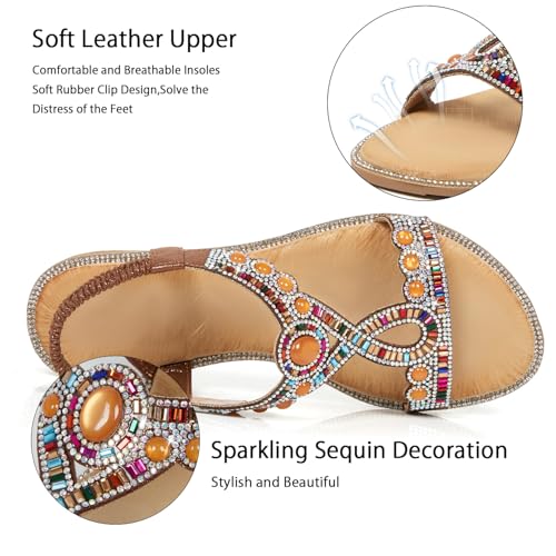 Image of iCKER Womens Rhinestone Strappy Flat Sandals Elastic Ankle Strap Open‑Toe | Sparkling,for wedding,party,evening dates,special occasion,Vacation,Formal