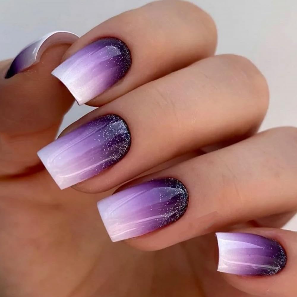 Rilafuvu Square Press on Nails Short Fake Nails Purple Gradient Glue on Nail Glitter Acrylic Nails Glossy False Nails Press on Nails for Women and