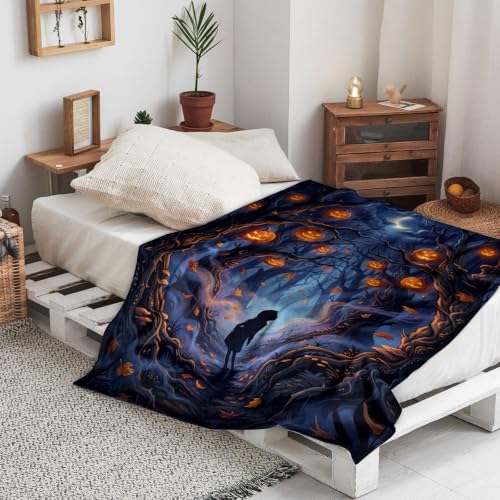 Manta de calabazas y luna mística de Halloween con acabado premium decorativo para cama 5