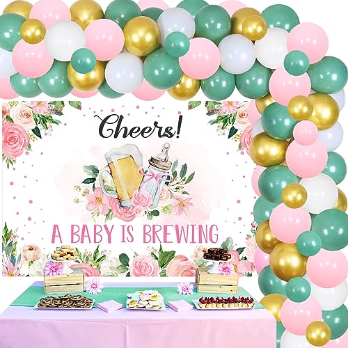 A Baby Is Brewing - Decoraciones para baby shower, decoraciones de baby shower, guirnalda de globos de cerveza, kit de arco de telón de fondo verde y rosa para niñas, baby shower, revelación de