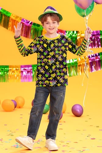 Image of Unisex Kids St Patrick's Mardi Gras Stripe Patchwork Long Sleeve Carnival Shirt 4-14 Years