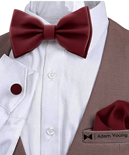 Image of Adam Young Men's Bow Ties with Handkerchief & Cufflinks Pre-Tied Style Formal Satin Classic Bowtie for Tuxedo Faux Silk