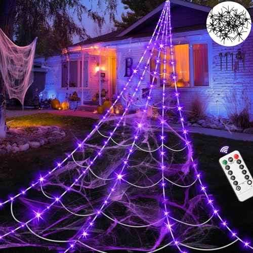 Bulablu 5M Spinnennetz Halloween Deko Outdoor, 150 LED Riesen Halloween Lichterkette mit Fernbedienung, 8 Lichtmodi &Timer, für Halloween Deko Indoor...