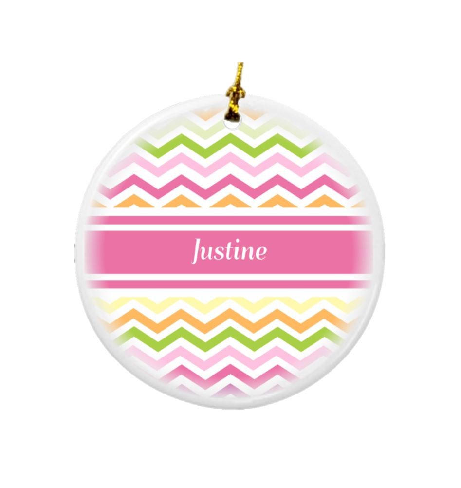 Rikki Knight Justine Pink Chevron Name Design Round Porcelain Two-Sided Christmas Ornaments
