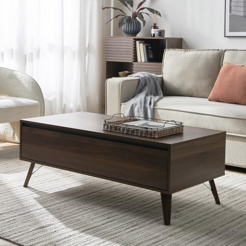 Image of Modus Engineered Wood Coffee Table with Hidden Storage Drawer | Modern Center Table for Living Room | Minimalist Tea Table with Spacious Storage | Dark Walnut Finish