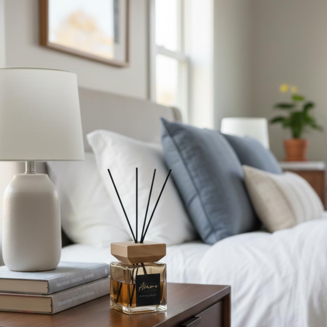 Luxury Reed Diffuser Set, Elegant Home Fragrance with Wooden Lid, Natural Bamboo Fiber Sticks, 14cm Height, 9cm Width, Aromatherapy, Gift Box (Celestial Escape)