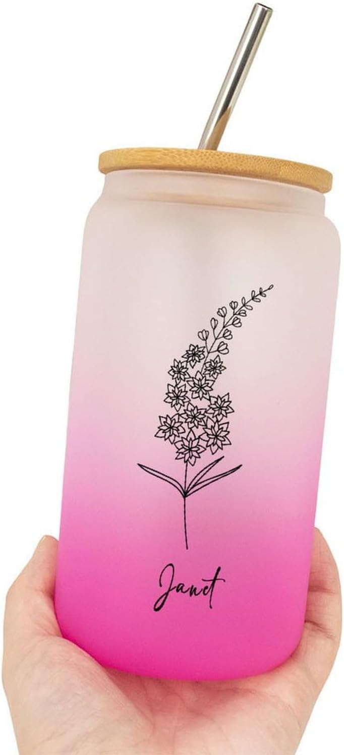 Birth Flower Glass Water Bottle Bamboo Covered Customized Birthflower Can Glass Cup with Name New Year Birthday Gifts for Colleague July Flower Farmhouse 16oz Glass Can Coffee Cup