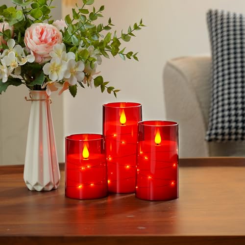 Image of Amagic Red Flameless Candles 3 Set, Flickering Battery Operated Candles Embedded Fairy String Light, Realistic Pillar Candle with Remote Control and Timer, Acrylic, D3 x H4 5 inch 6 inch
