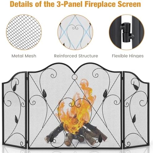 GiantexUK 3-Panel Folding Fireplace Screen, 134 x 73cm Heavy Duty Metal Mesh Spark Guard, Decorative Freestanding Spark Protection Fire Guard Barrier for Child Baby Pet Open Fire