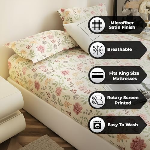 Image of Story@Home Cloud Cotton Fitted BEDSHEET (72 X 78 Inch) 360 Elastic King Size with 2 Pillow Covers | Super Soft Bed Sheet for King Size Bed Floral Design (White, Pink)