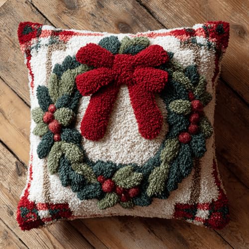 ANSIWEIGO Kit de Crochet de Loquet DIY 43x43 cm,Housse de Coussin au Point Noué,Tapis à Broder,Kit de Broderie Noël,Artisanat Créatif pour Débutants,Décoration Maison(Couronne de Noël)