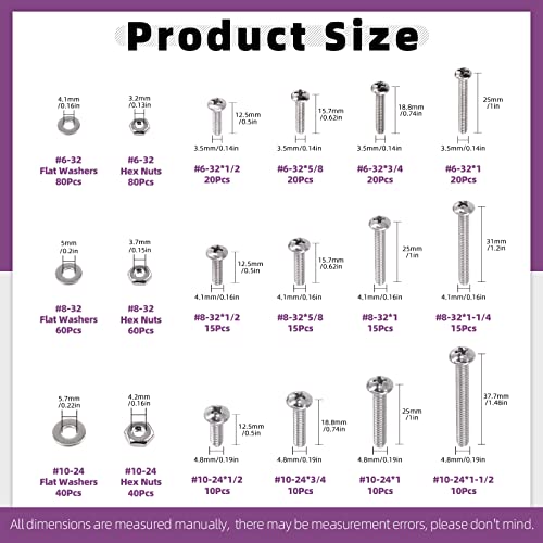 Swpeet 540Pcs #6-32#8-32#10-24 304 SAE Stainless Steel Phillips Pan Head Machine Screws and Nuts Bolts with Flat Washers Assortment Kit, Stainless Steel Screws Hardware Assortment for Home Use