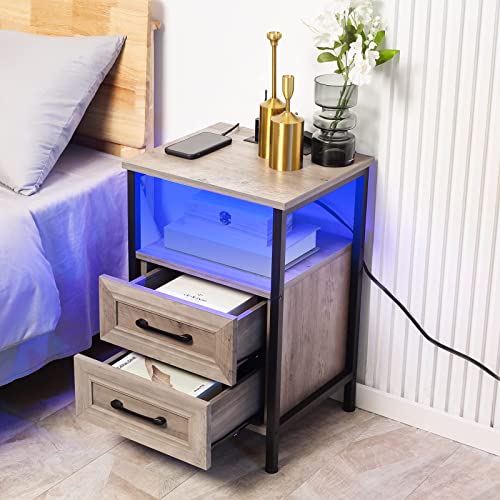 Hoseoka Grey Nightstand With Charging Station And Rgb Lights, Night Stand Rustic End Table With 2 Drawers With Usb Ports And Outlets Bedside Tables For Living Room Bedroom Office #TOP1