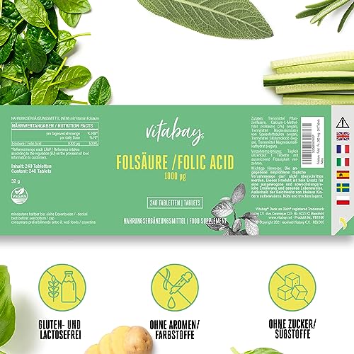 Vitabay Folsäure Tabletten Hochdosiert 1000 mcg (VItamin B9) - 240 VEGANE Tabletten - Folsäure Kinderwunsch Schwangerschaft Vitamine - für Männer - Hohe Bioverfügbarkeit - Laborgeprüft