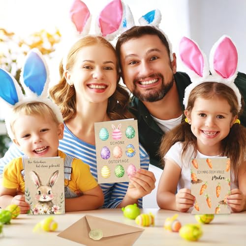 Osterkarten mit Umschlag Set, 12 Stück Karte Ostern Karte, Hochwertiges Klappkarten Osterkarte mit Niedlichem Hasen Kraftpapier, Frohe Ostern Karten Frühling Karten für Familie Freunde
