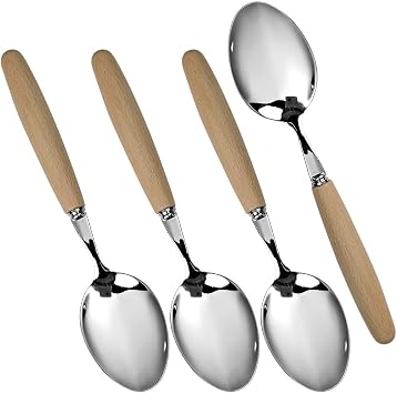 17cm Soup Spoon 6.8inch SUS304 Food-Grade 18-10 Stainless Steel Deep-Bowl Dessert Spoons,Beech Handle,Ergonomic Design,for Home/Afternoon Tea/Western-Style Meals/Catering Use4PCS Spoons