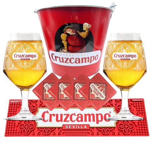 Cruzcampo Pint Glasses X2 1x Ice Bucket Beer Lager 1 x Rubber Bar Runner 4 x Beer Mats Man Cave Set Roxley Super Bundle