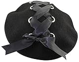 MINAKOLIFE Womens French Artist Solid 100% Wool Beret Hats with Rivets Ribbon (Black)