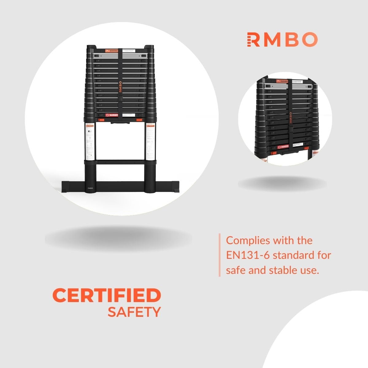 RMBO Échelle Télescopique de 4.70m, EN 131.6, Système de Fermeture en Douceur, 150kg, Barre de Stabilisation de 70cm, Indicateurs de Sécurité par Marche, Pour Usage Particulier et Professionnel