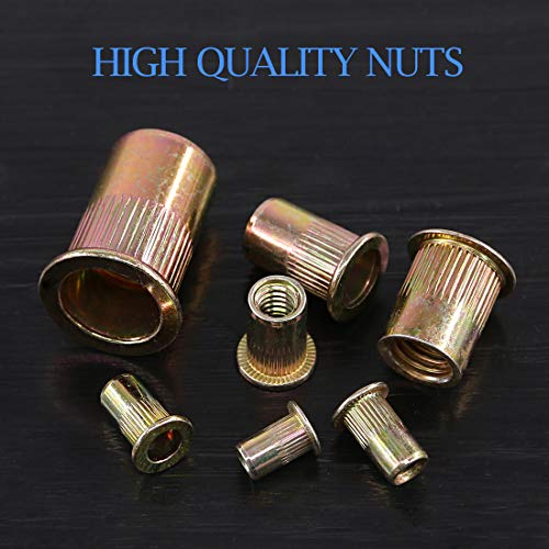 Rivet Nut Set, Glarks 140Pcs 5/32"-32Unc 8-32Unc 10-24Unc 1/4"-20Unc 1/4"-20Unc 5/16"-18Unc 3/8"-16Unc 1/2"-13Unc Zinc Plated Carbon Steel Flat Head Rivnut Threaded Insert Nuts Assortment Kit #TOP2