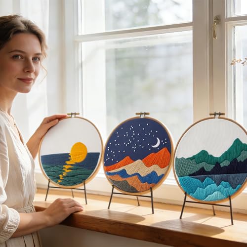 Image of Embroidery Kits for Beginners Adults, Stamped Cross Stitch kits for Adult Beginners Embroidery Starter Kit with Pattern, 3 Embroidery Hoop and Fabric, Needles Threads (Attached Teaching Video QR Code)