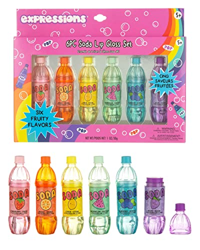 Expressions 6 Piece Soda Lip Gloss – Fruity Flavored Lip Gloss Set For Kids and Girls, Kids Real Makeup for Little Girls: Non Toxic, Washable Makeup, Great Gift for Girls, Party Favors