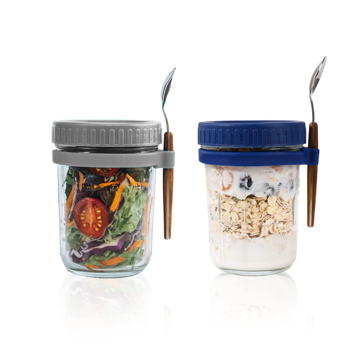 TOMVAES 2 Pack Overnight Oats Jars with Lid and Spoon,10 oz Large Capacity Airtight Oatmeal Container with Measurement Marks, Mason Jars with Lid for Cereal On The Go Container