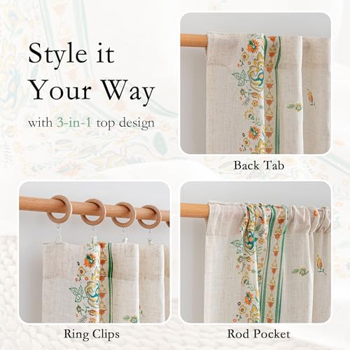Image of MYSKY HOME Boho Floral Curtains 63 inch Linen Blend for Bedroom Kitchen Bohemian Style Farmhouse Flower Patterned Home Decor Light Filtering Back Tab Drapes, 50x63 Inch, Yellow and Blue, 2 Pcs
