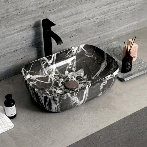 Image of Designer Ceramic Wash Basin For Bathroom | Over Counter Bathroom Basin | Counter Top Bathroom Sink | Wash Basin For Restaurant, Hotel (18 x13 x 5 Inch) (Charcoal Black Marble)