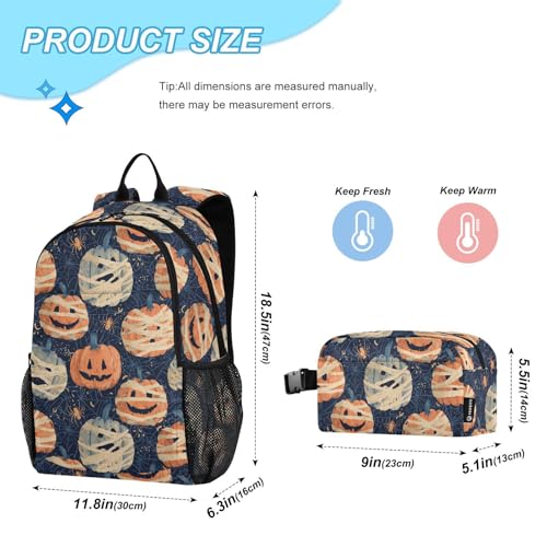 Kids Backpack Halloween Blue Orange Pumpkin Mummies School Bookbag with Lunch Bag for Boys Girls Preschool Kindergarten Elementary Laptop Daypack2