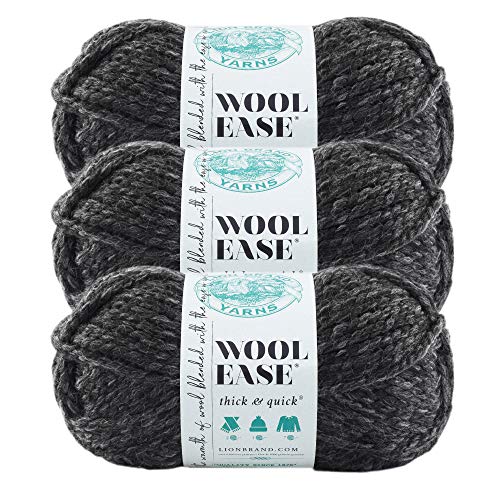 Lion Brand Yarn - Wool-Ease Thick & Quick - Solid Colors - 3 Pack with Pattern Cards in Color - 640-149 (Charcoal)