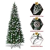 COSTWAY 5FT/6FT/7.5FT Artificial Christmas Tree, Snow Flocked Pencil Trees with Pine Cones and Metal Stand, for Xmas Indoor Décor - Image 2