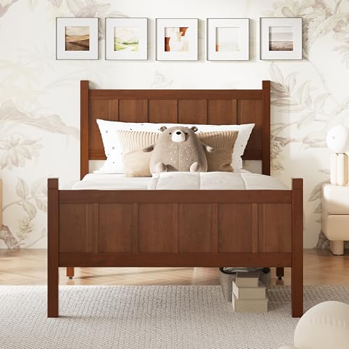 Image of Twin Size Vintage Bed Frame with Headboard, Farmhouse Wooden Platform Bed with Under-Bed Storage, Minimalist Modern Wood Grain Finish Bedframe for Bedroom (Dark Walnut)