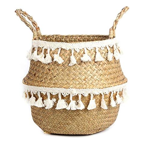 BlueMake Woven Seagrass Belly Basket for Storage Basket or Plant Basket Decorative Living & Laundry Room, Bathroom & Bedroom (Medium, Tassel) Cover