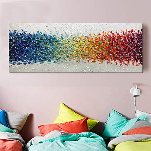 Amei Art Paintings,24X60Inch 100% Hand Painted Colorful Abstract Oil Paintings Modern Oversized Stretched Framed Contemporary Canvas Artwork Textured Palette Knife Paintings For Living Room #TOP6