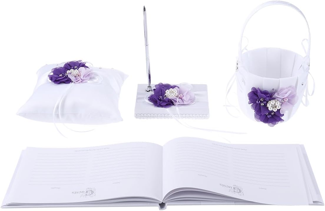 Set Ring Bearer Pillow Pearl Bowknot and Chic Flower Girl Basket Notebook Pen Holder for Wedding Ceremony Supplies (Taro Color Purple Flower)