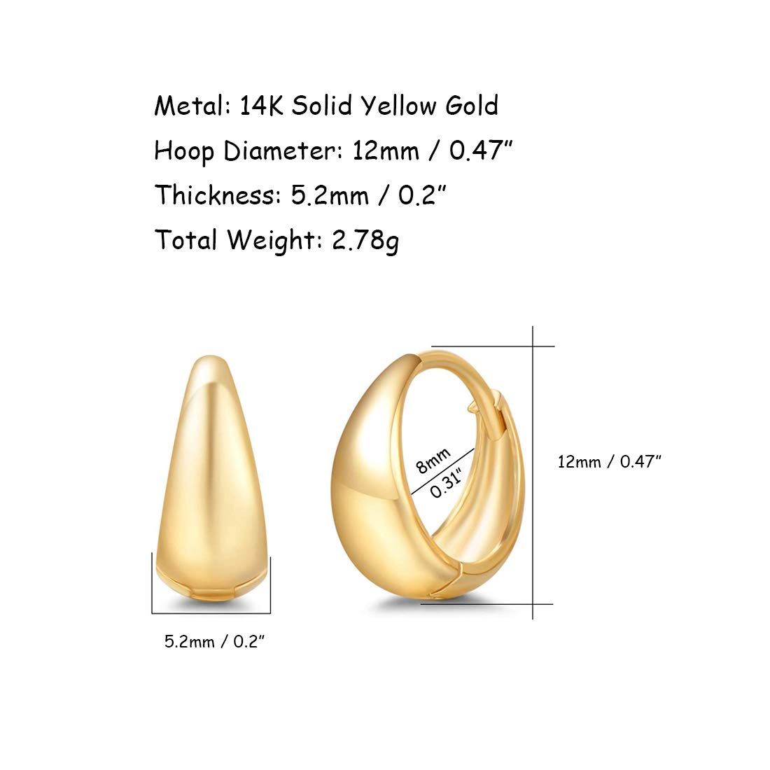 FANCIME Solide 14 Karat 585 Gelb Gold Creolen Huggies Ohrringe Basic Minimalist Schmuck Geschenk für Damen Mädchen