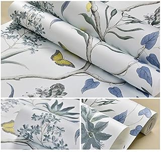 Chinoiserie Wallpaper Bedroom Wall Covering Modern Vintage Floral Wallpaper Blue Tropical Butterfly Birds Flower Wall Paper (Blue, 0.53 x9.5 m)