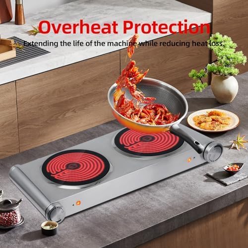 Davivy Hot Plate Electric Double Burner,1800W Rapid Heating Portable Cooktop with 7.9inch Crystallite Ceramic Glass Top,Flexible Temperature Settings,Lightweight Design for Cooking (Silver)