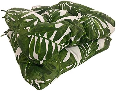 Series (Set of 2) All Weather Chair Pads Wicker Seat Cushions Home Garden Patio with Full-Length Ties for Non-Slip Support (19" x 19" x 5") (Dark Green Palm Leaf)