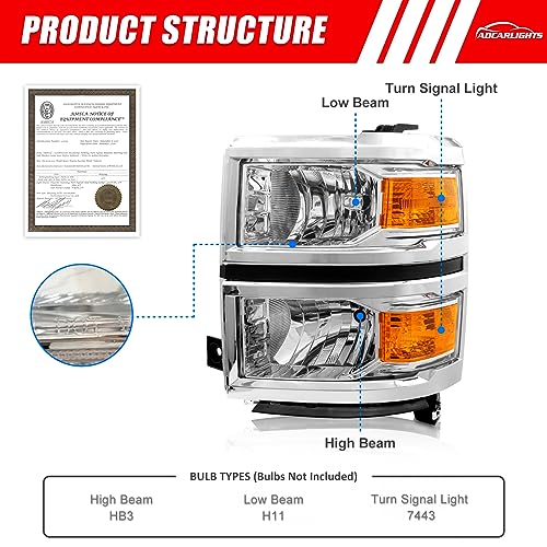 ADCARLIGHTS for 2014 2015 Chevy Silverado 1500 Headlight Assembly Halogen Factory OE Style Chrome Housing with Amber Reflector Left and Right Pair by ADCARLIGHTS - Image 2