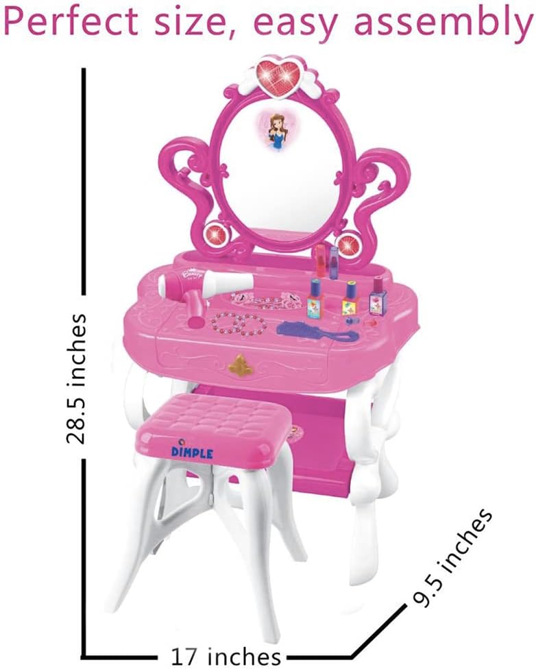 Dimple Princess Vanity Toy 2-in-1 Vanity Set with Makeup Accessories, Musical Piano Keyboard Sounds & Flashing Lights, Pretend Cosmetics Hair Dryer, Great Gift for Kids (7 AA Batteries Included)