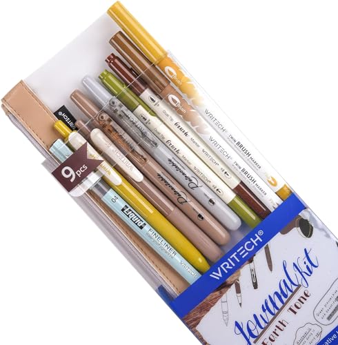 Image of WRITECH Journaling Gel Pens Highlighters: 0.5mm Fine Point Retractable Gel Ink Pen Assorted Colored Highlighter Fineliner Multicolor Dual Tip Brush Marker Bulk Extra Smooth No Bleed 9ct (Earth Tone)