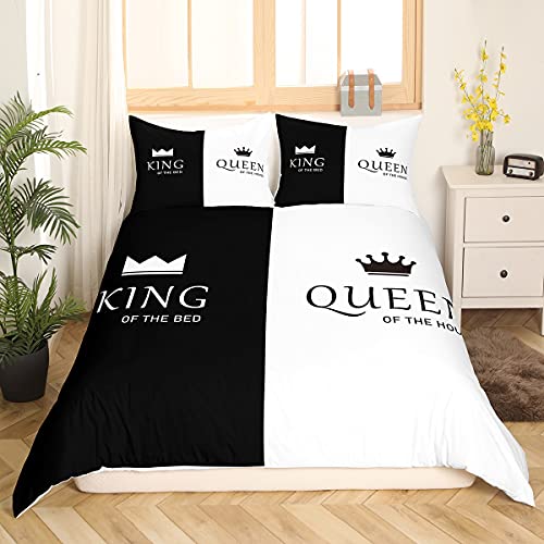 Loussiesd Crown Queen and King Comforter Cover His and Hers Matching Couple Bedding Set Lover Romantic Valentine's Day Presents Duvet Cover Black and White Bedding & Linen Bedclothes Double - Image 3