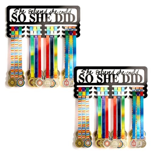 Medal Holder Display Hanger, Aluminum Medal Display Holder Holds Up to 50 Medals, Wall Mounted Medal Organizer for Sports Awards, Ribbons and Race Bibs (She Believe - 2 Pack)