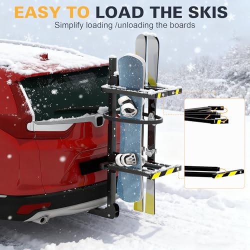 2026 New Folding Hitch Ski Snowboard Rack with Security Lock, Ski Rack Carries 6 Pair Skis or 4 Snowboards Fit for 2" Receiver, Tilt Access for Trunk Access, Security Strap