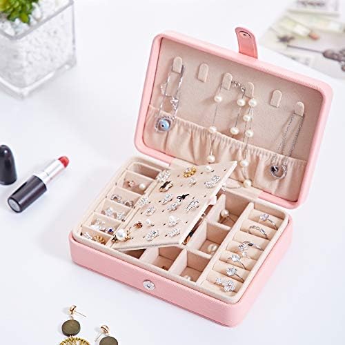 hombrima Small Travel Jewellery Box, Jewelry Storage Organizer Cases with Doubel Layer for Womens Necklace Earrings Rings Bracelet (Pink)