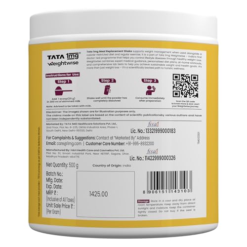 Image of Tata 1mg Meal Replacement Shake - Vanilla |500g| 20g Protein, 20 Vitamins & Minerals, Psyllium Husk | 72% Fewer Calories | Weight Management |