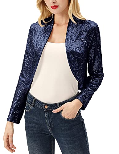 Blue Blazer for Women Open Front Bolero for Wedding Dress Cropped Shrug Cardigan(Dark Blue,XXL) - Thumbnail 2